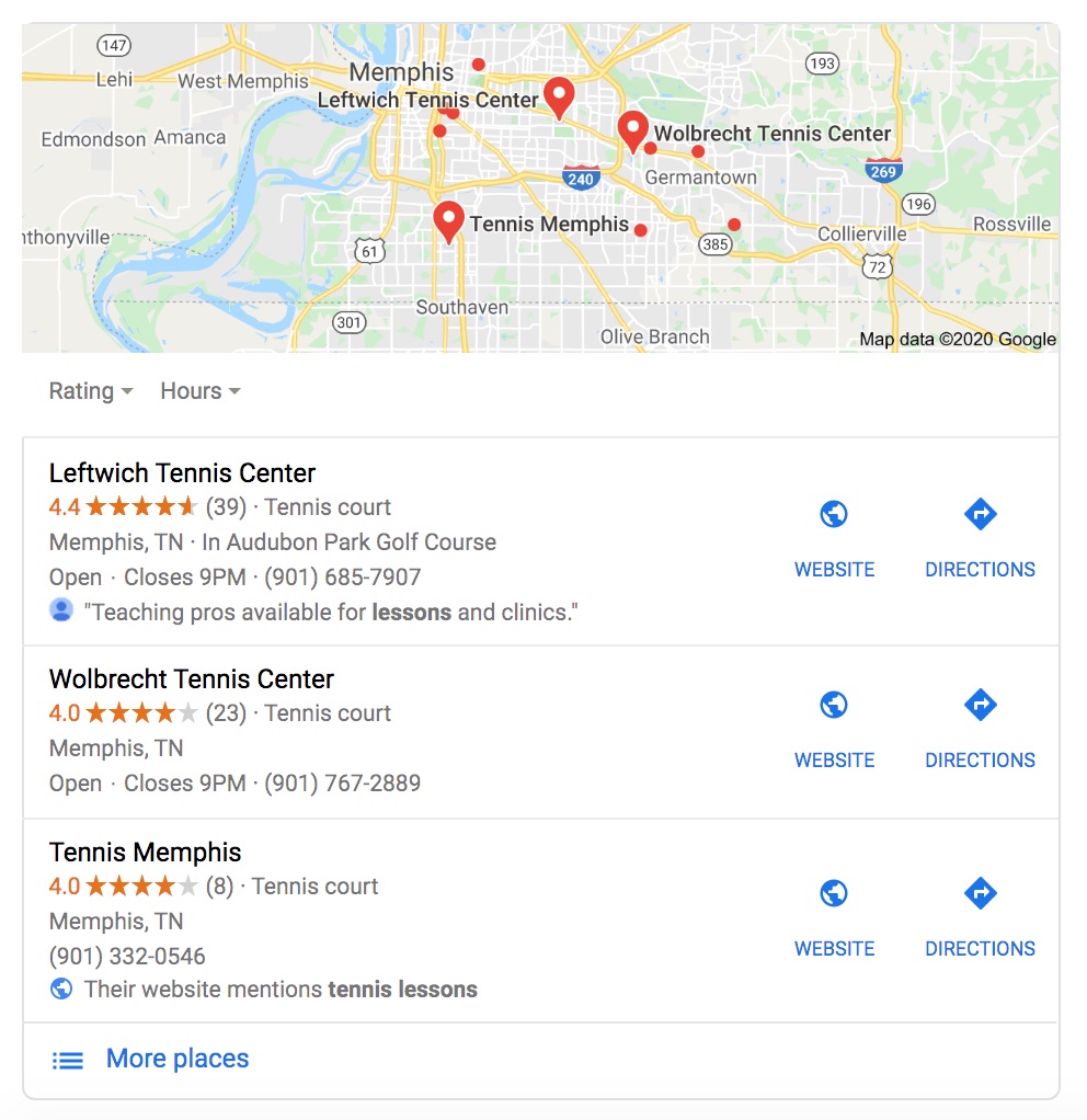 Google Maps search for Tennis centers in Memphis