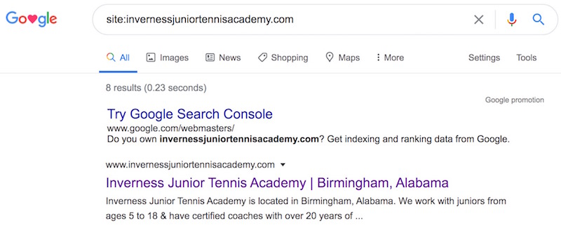 Tennis academy website search on Google